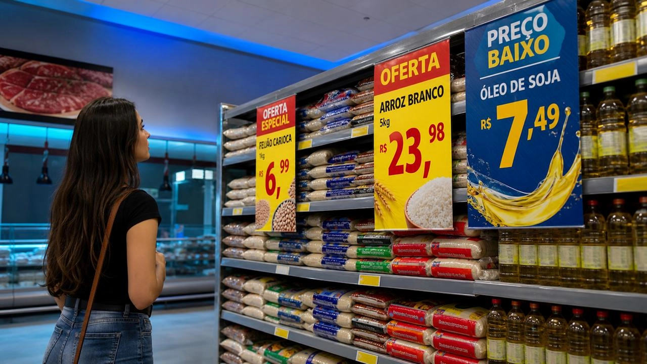 Cartaz de oferta impresso aplicado na gôndola do supermercado